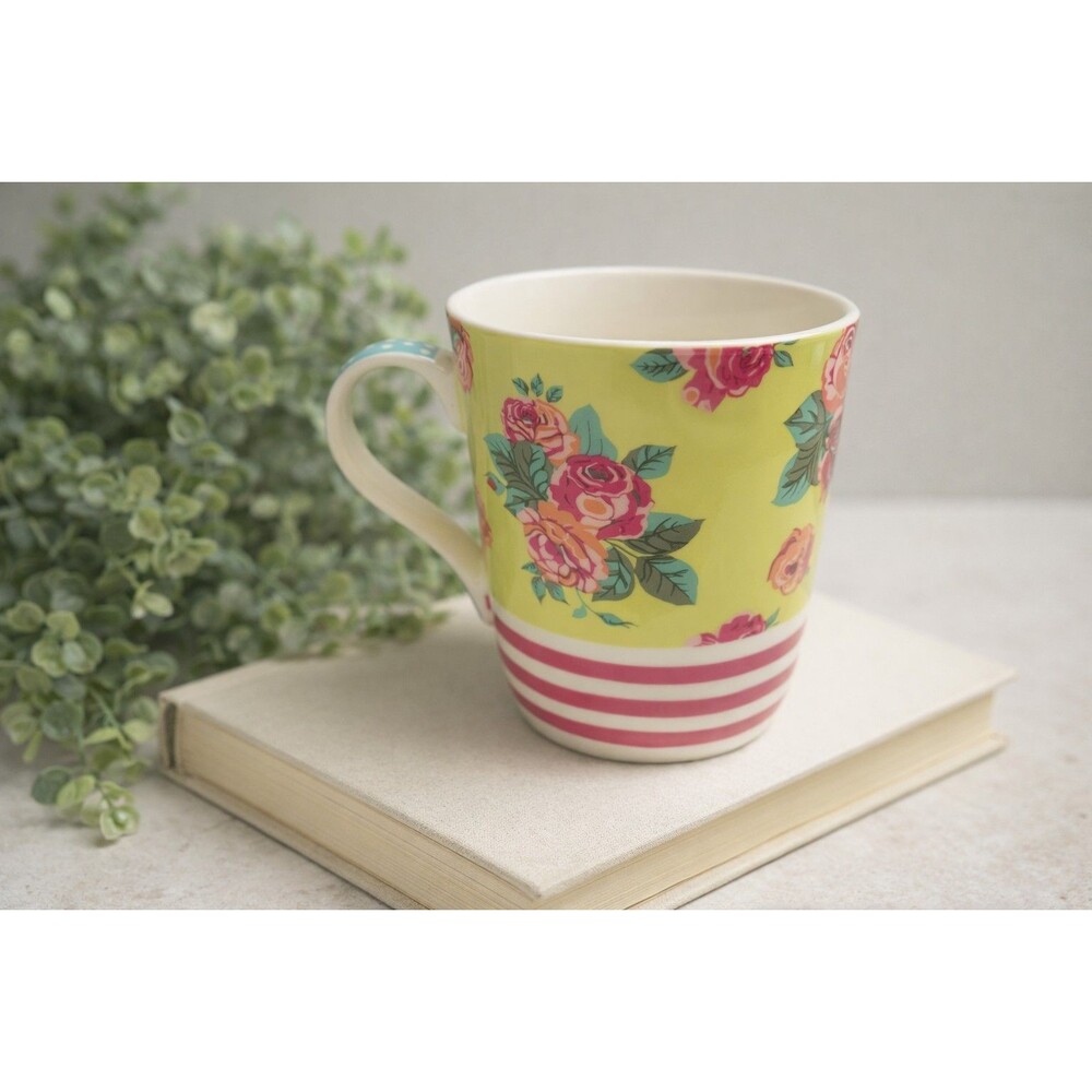 Matilda Jane Yellow Floral Roses Pink Stripe 16 oz Ceramic Coffee Mug Farmhouse